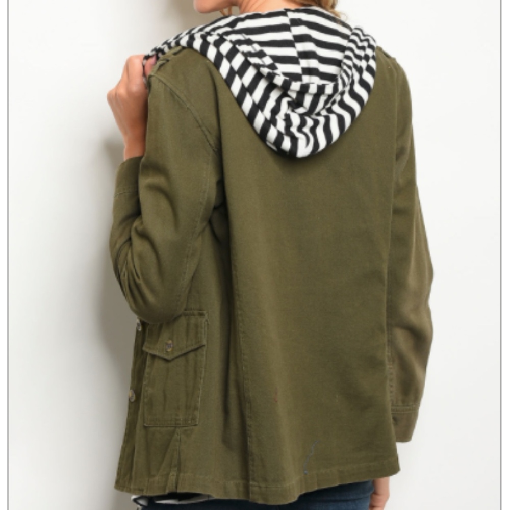 Olive Jacket with Navy Stripe Accent Lining - Picture 2 of 6